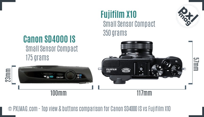 Canon SD4000 IS vs Fujifilm X10 top view buttons comparison