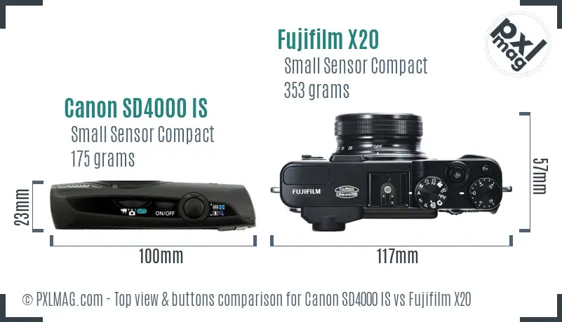 Canon SD4000 IS vs Fujifilm X20 top view buttons comparison