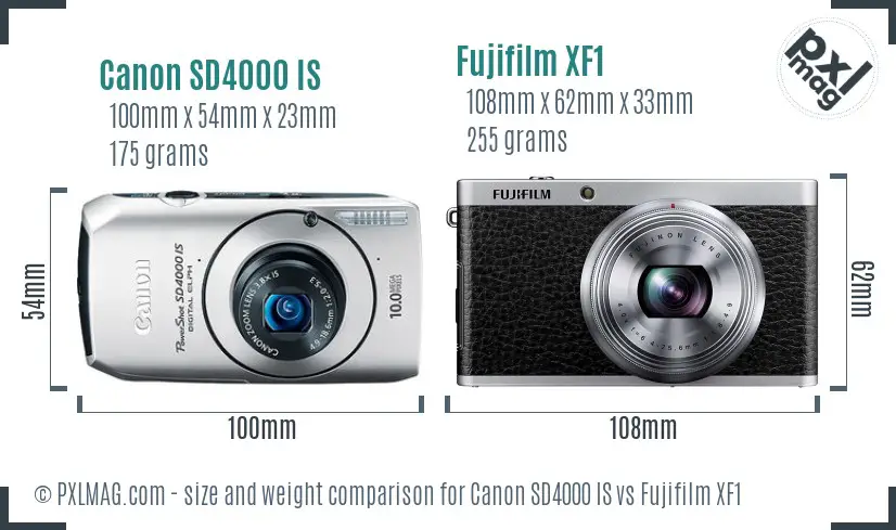Canon SD4000 IS vs Fujifilm XF1 size comparison