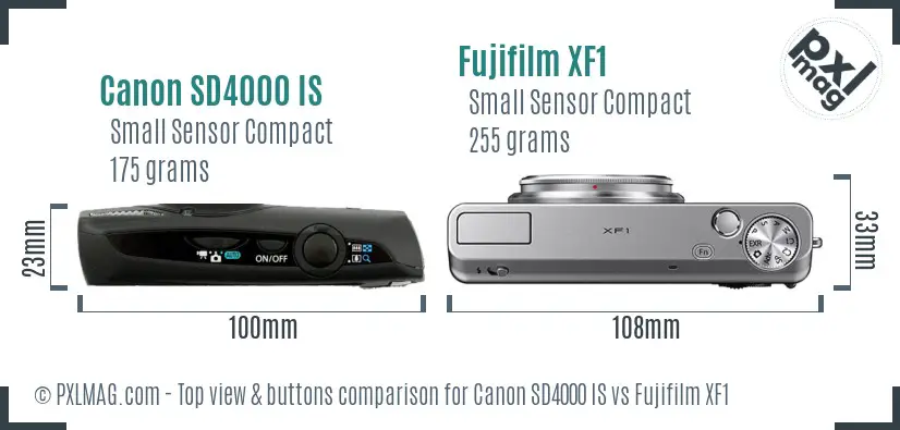 Canon SD4000 IS vs Fujifilm XF1 top view buttons comparison