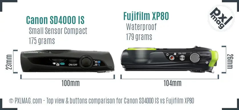 Canon SD4000 IS vs Fujifilm XP80 top view buttons comparison Canon SD4000 IS vs Fujifilm XP80 top view buttons comparison