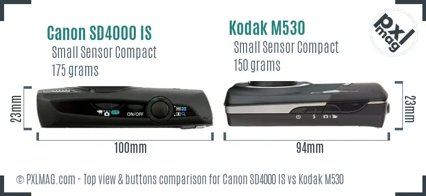 Canon SD4000 IS vs Kodak M530 top view buttons comparison Canon SD4000 IS vs Kodak M530 top view buttons comparison