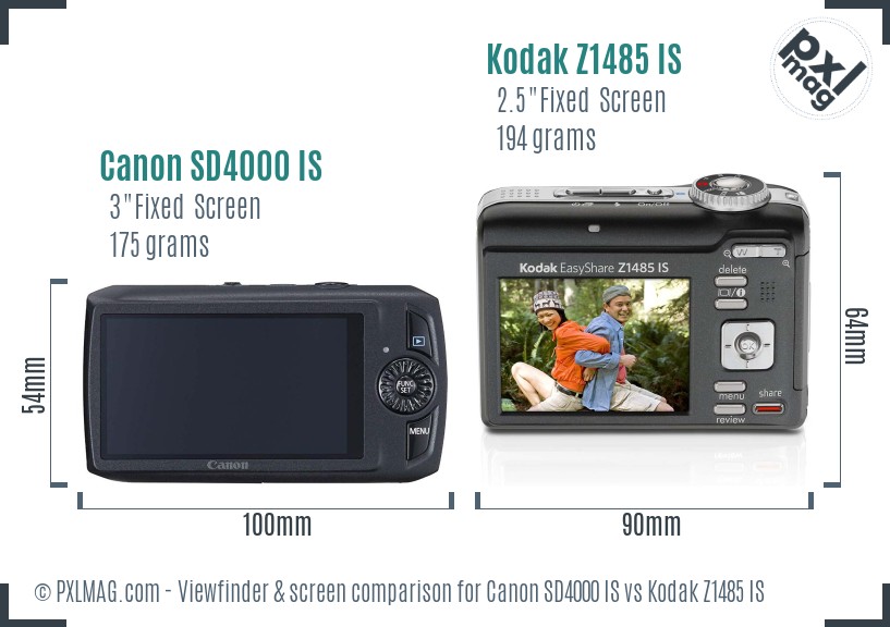 Canon SD4000 IS vs Kodak Z1485 IS Screen and Viewfinder comparison