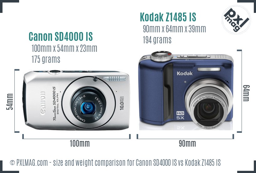 Canon SD4000 IS vs Kodak Z1485 IS size comparison