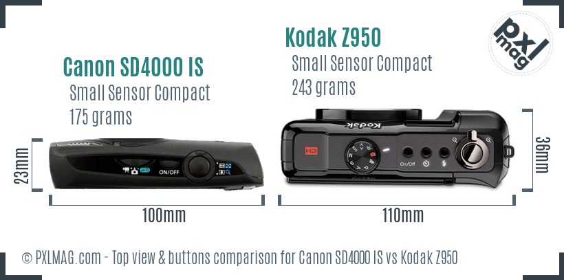 Canon SD4000 IS vs Kodak Z950 top view buttons comparison