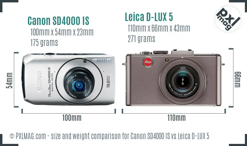 Canon SD4000 IS vs Leica D-LUX 5 size comparison