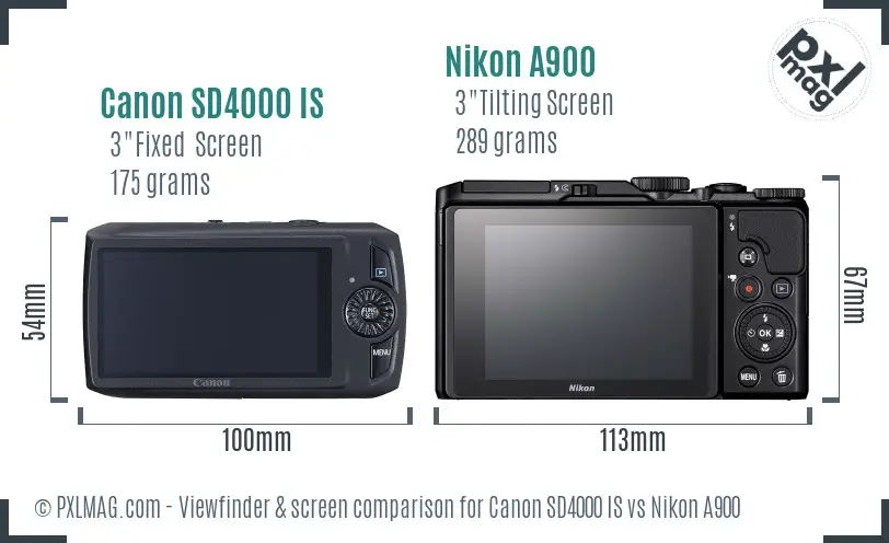 Canon SD4000 IS vs Nikon A900 Screen and Viewfinder comparison