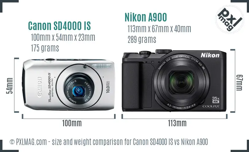 Canon SD4000 IS vs Nikon A900 size comparison