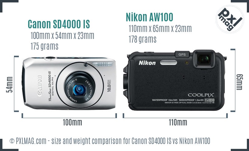 Canon SD4000 IS vs Nikon AW100 size comparison