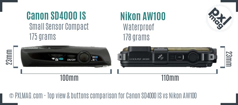 Canon SD4000 IS vs Nikon AW100 top view buttons comparison