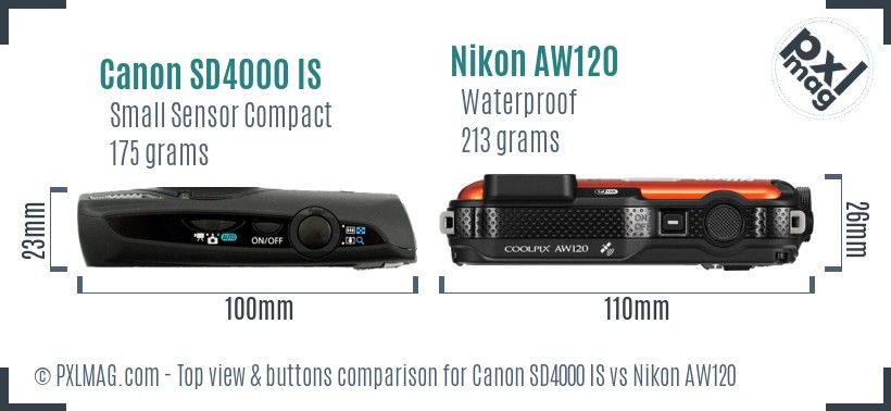 Canon SD4000 IS vs Nikon AW120 top view buttons comparison
