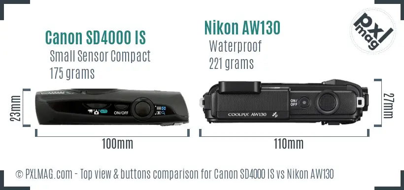 Canon SD4000 IS vs Nikon AW130 top view buttons comparison