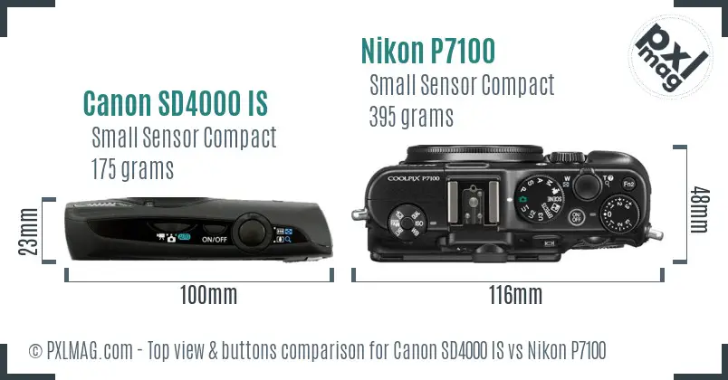 Canon SD4000 IS vs Nikon P7100 top view buttons comparison