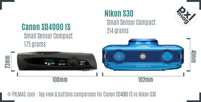 Canon SD4000 IS vs Nikon S30 top view buttons comparison Canon SD4000 IS vs Nikon S30 top view buttons comparison