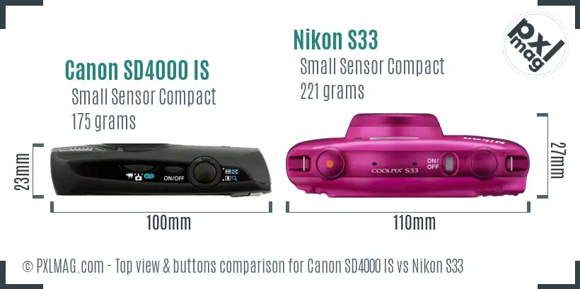 Canon SD4000 IS vs Nikon S33 top view buttons comparison Canon SD4000 IS vs Nikon S33 top view buttons comparison