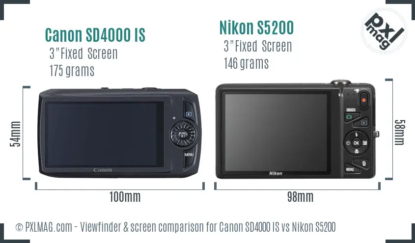 Canon SD4000 IS vs Nikon S5200 Screen and Viewfinder comparison