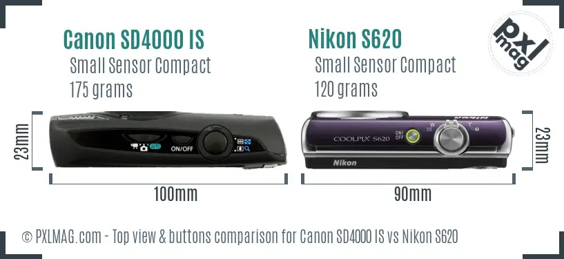 Canon SD4000 IS vs Nikon S620 top view buttons comparison