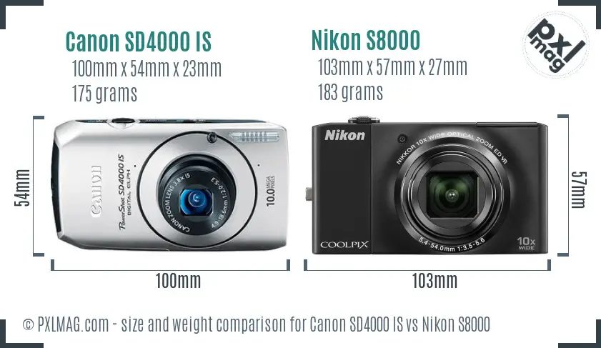 Canon SD4000 IS vs Nikon S8000 size comparison