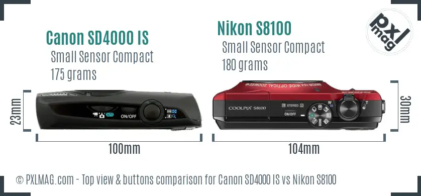Canon SD4000 IS vs Nikon S8100 top view buttons comparison