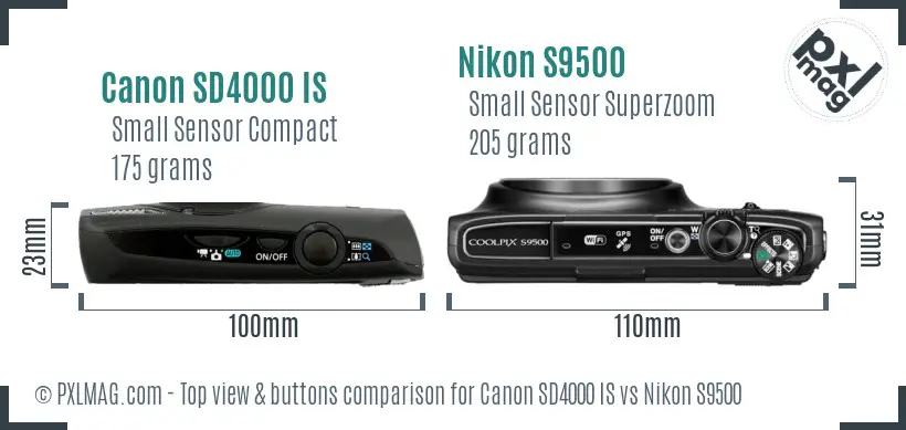Canon SD4000 IS vs Nikon S9500 top view buttons comparison