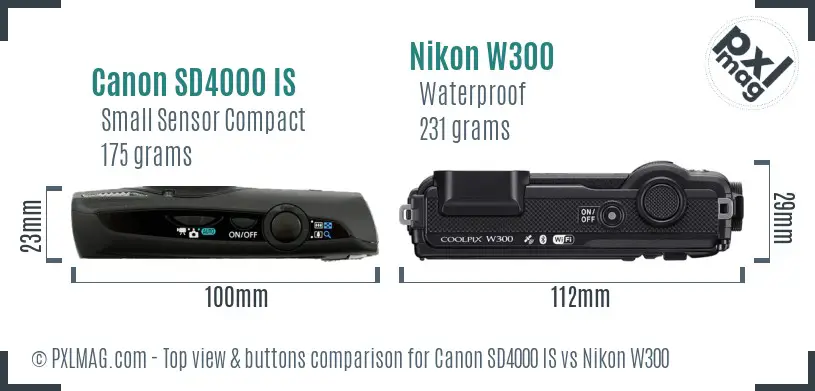 Canon SD4000 IS vs Nikon W300 top view buttons comparison