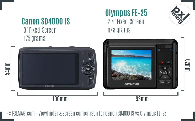 Canon SD4000 IS vs Olympus FE-25 Screen and Viewfinder comparison