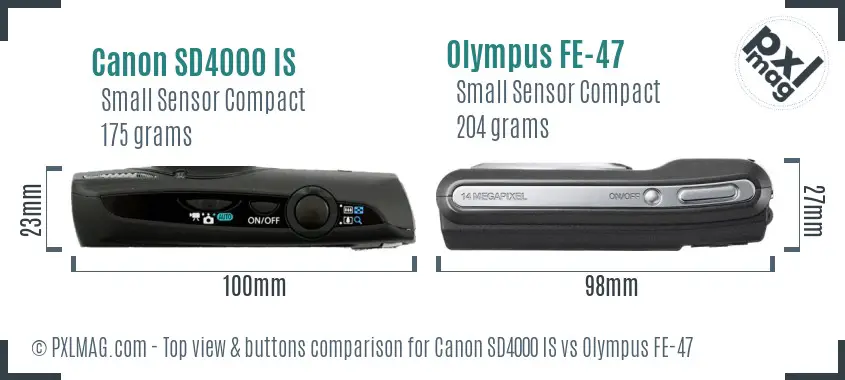 Canon SD4000 IS vs Olympus FE-47 top view buttons comparison Canon SD4000 IS vs Olympus FE-47 top view buttons comparison
