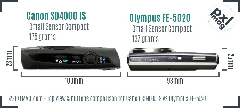 Canon SD4000 IS vs Olympus FE-5020 top view buttons comparison Canon SD4000 IS vs Olympus FE-5020 top view buttons comparison