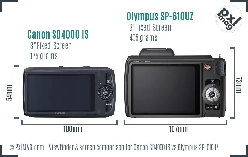 Canon SD4000 IS vs Olympus SP-610UZ Screen and Viewfinder comparison