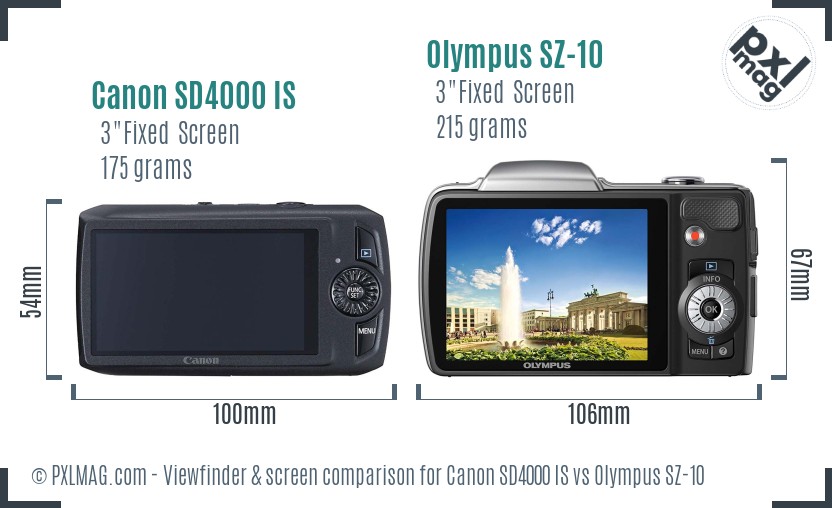 Canon SD4000 IS vs Olympus SZ-10 Screen and Viewfinder comparison
