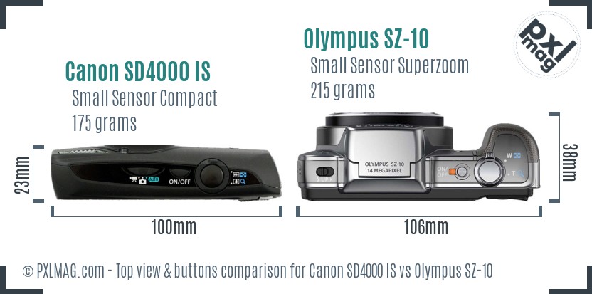 Canon SD4000 IS vs Olympus SZ-10 top view buttons comparison