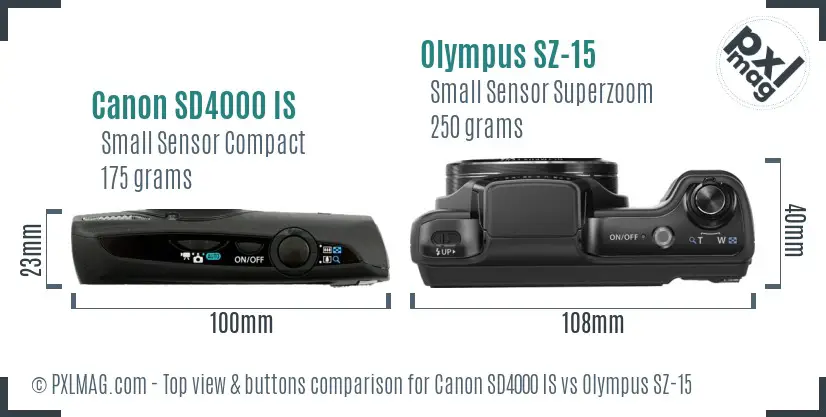 Canon SD4000 IS vs Olympus SZ-15 top view buttons comparison Canon SD4000 IS vs Olympus SZ-15 top view buttons comparison