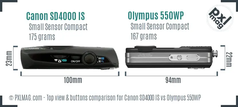 Canon SD4000 IS vs Olympus 550WP top view buttons comparison Canon SD4000 IS vs Olympus 550WP top view buttons comparison