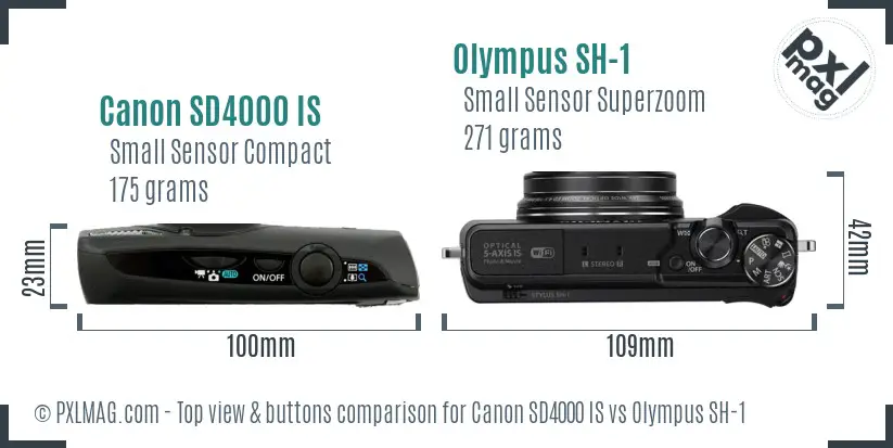 Canon SD4000 IS vs Olympus SH-1 top view buttons comparison Canon SD4000 IS vs Olympus SH-1 top view buttons comparison