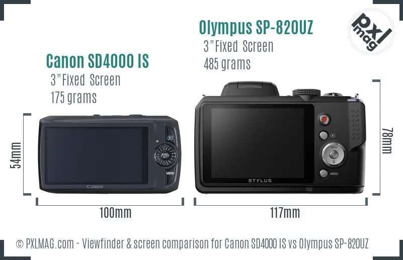 Canon SD4000 IS vs Olympus SP-820UZ Screen and Viewfinder comparison