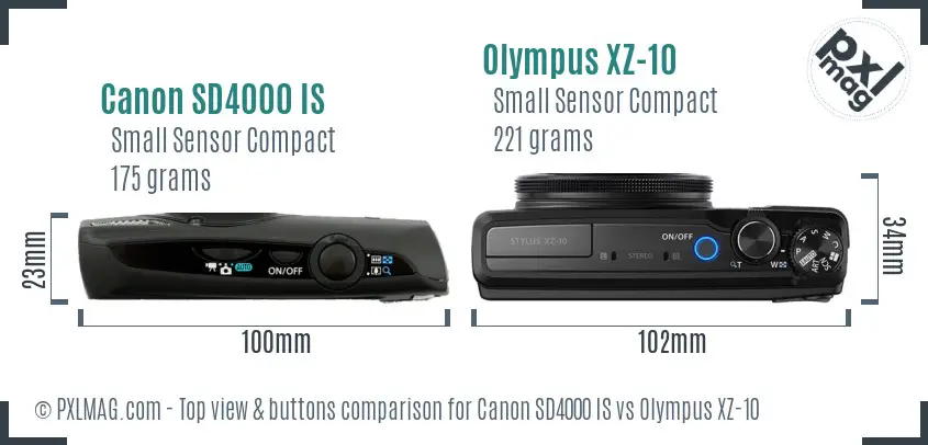 Canon SD4000 IS vs Olympus XZ-10 top view buttons comparison