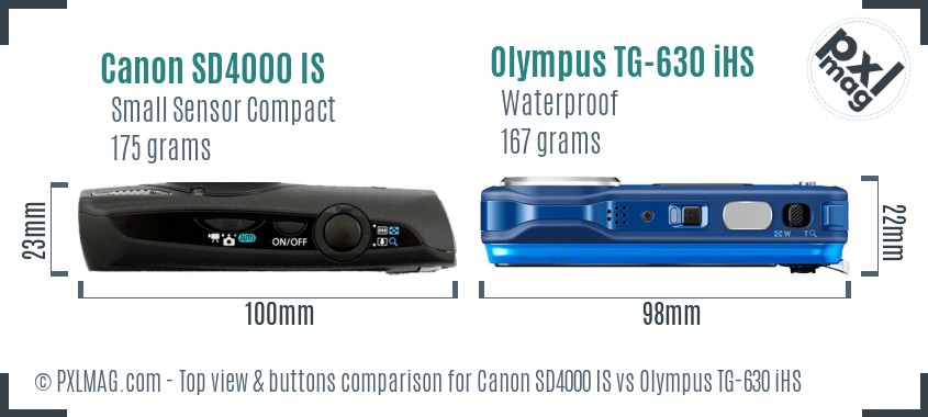 Canon SD4000 IS vs Olympus TG-630 iHS top view buttons comparison