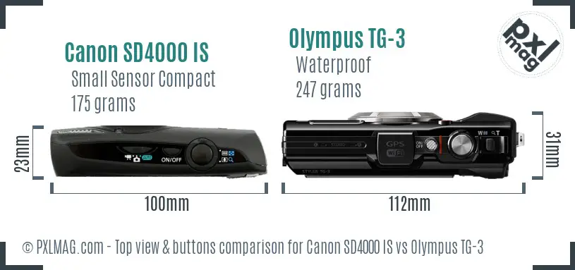 Canon SD4000 IS vs Olympus TG-3 top view buttons comparison Canon SD4000 IS vs Olympus TG-3 top view buttons comparison