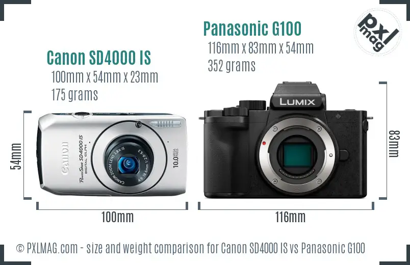 Canon SD4000 IS vs Panasonic G100 size comparison