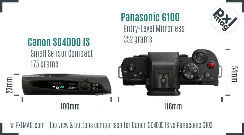 Canon SD4000 IS vs Panasonic G100 top view buttons comparison