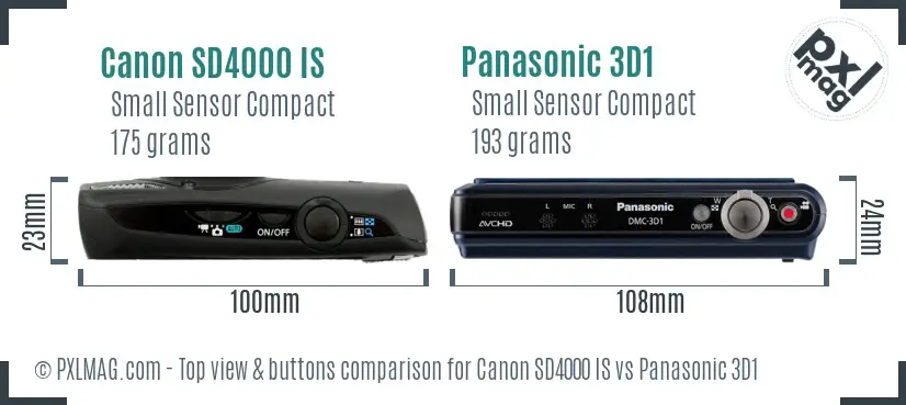 Canon SD4000 IS vs Panasonic 3D1 top view buttons comparison