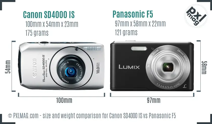 Canon SD4000 IS vs Panasonic F5 size comparison