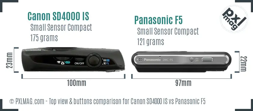Canon SD4000 IS vs Panasonic F5 top view buttons comparison