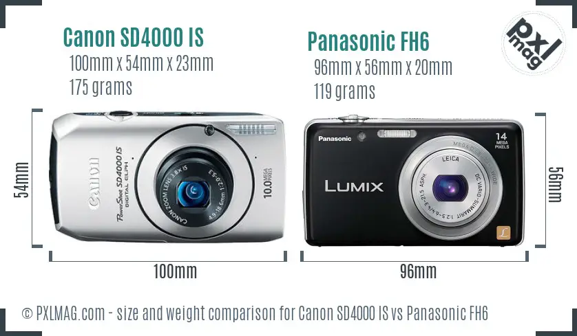 Canon SD4000 IS vs Panasonic FH6 size comparison