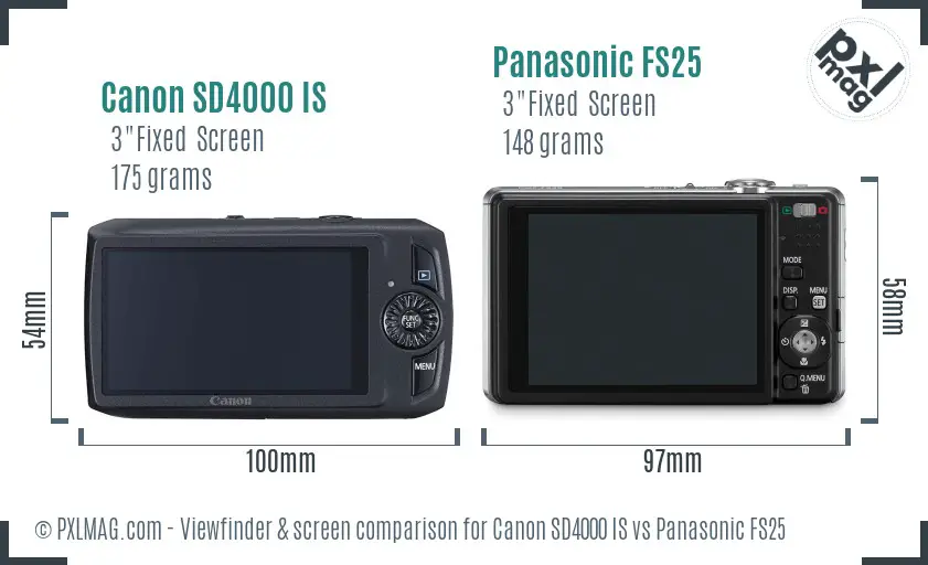 Canon SD4000 IS vs Panasonic FS25 Screen and Viewfinder comparison