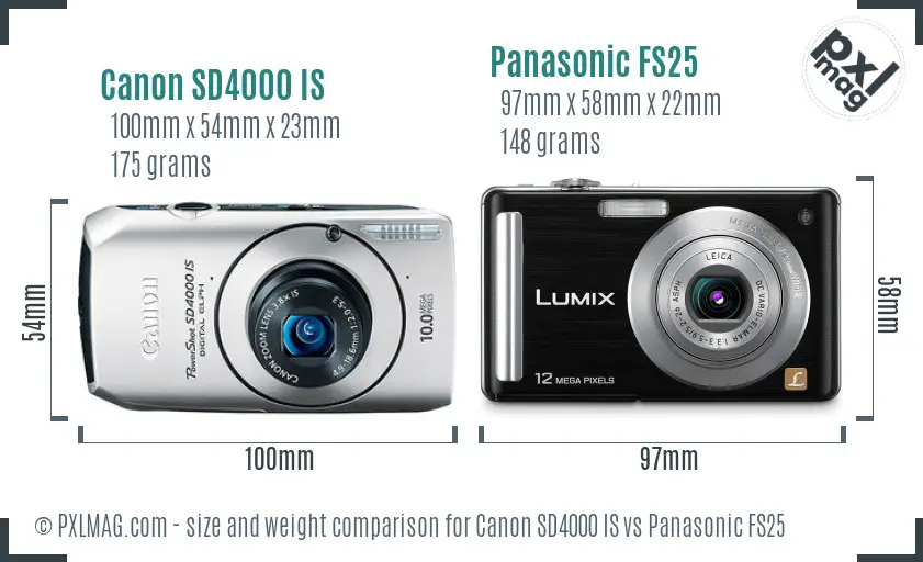 Canon SD4000 IS vs Panasonic FS25 size comparison