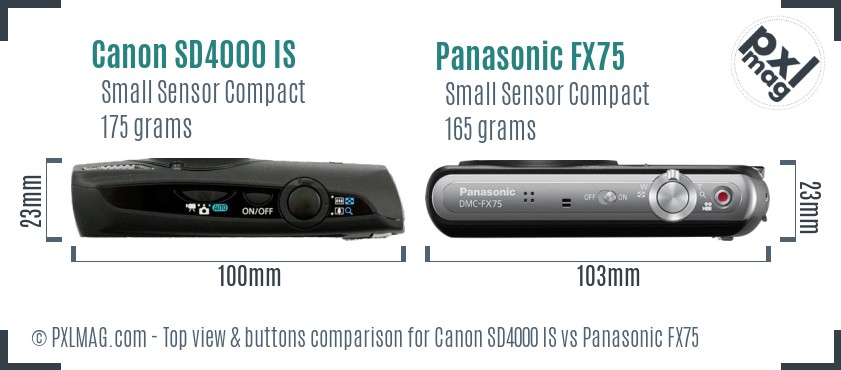 Canon SD4000 IS vs Panasonic FX75 top view buttons comparison
