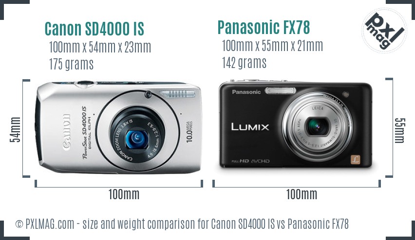 Canon SD4000 IS vs Panasonic FX78 size comparison