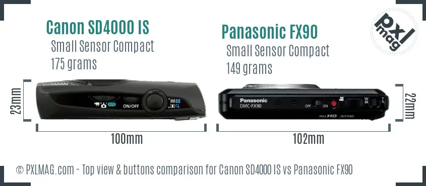 Canon SD4000 IS vs Panasonic FX90 top view buttons comparison Canon SD4000 IS vs Panasonic FX90 top view buttons comparison