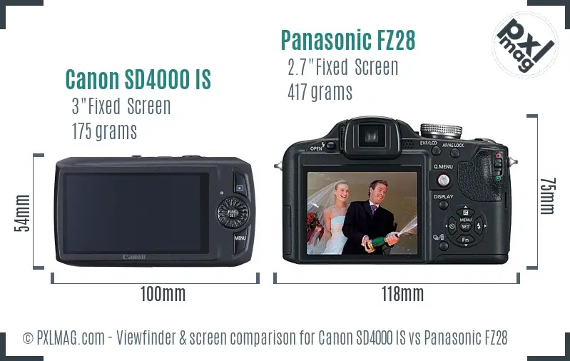Canon SD4000 IS vs Panasonic FZ28 Screen and Viewfinder comparison